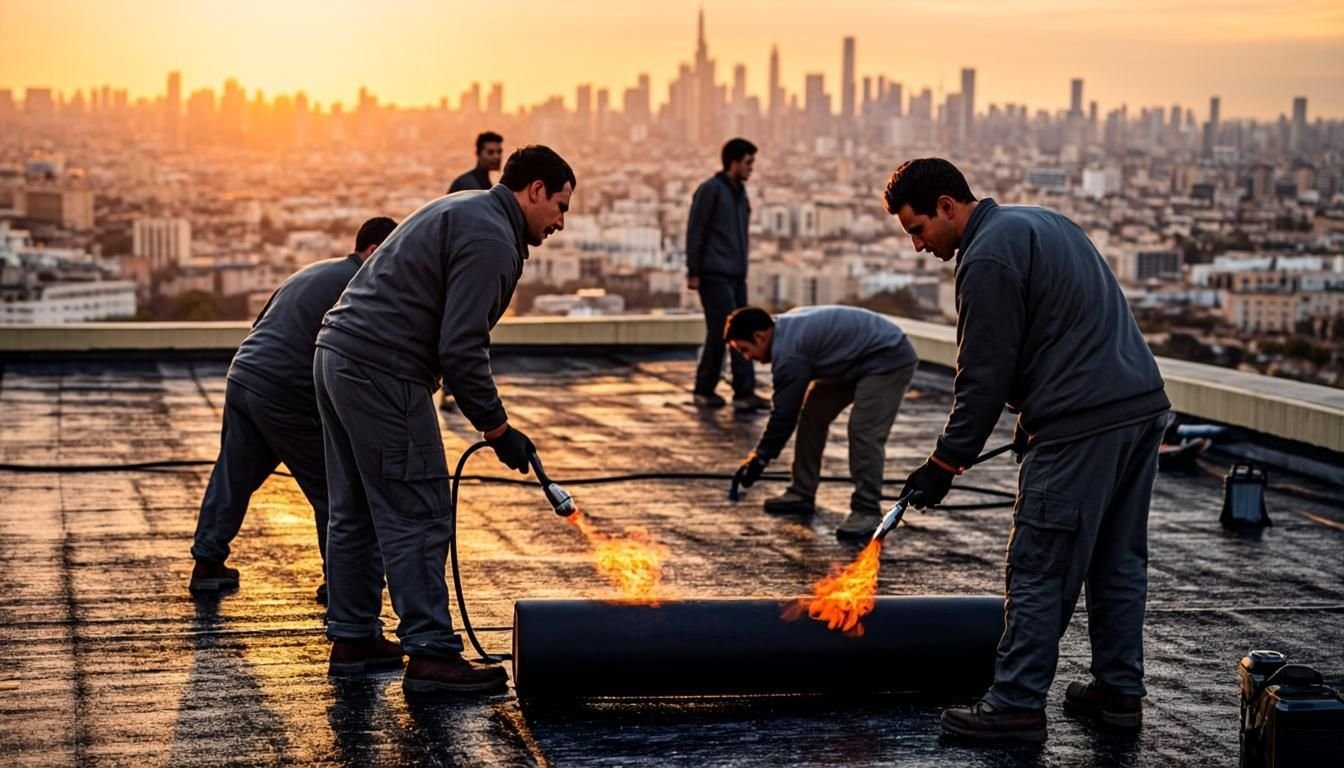 صورة توضيحية لأعمال تطبيق طبقات العزل المائي على سطح مبنى